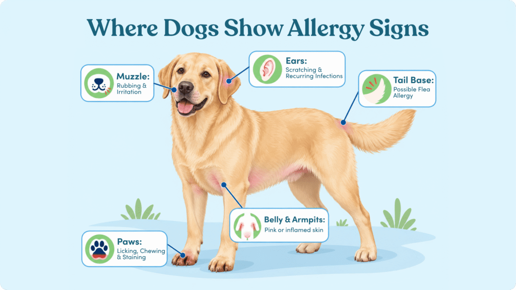 Diagram showing allergy signs in dogs around the paws, muzzle, ears, belly, armpits and tail base